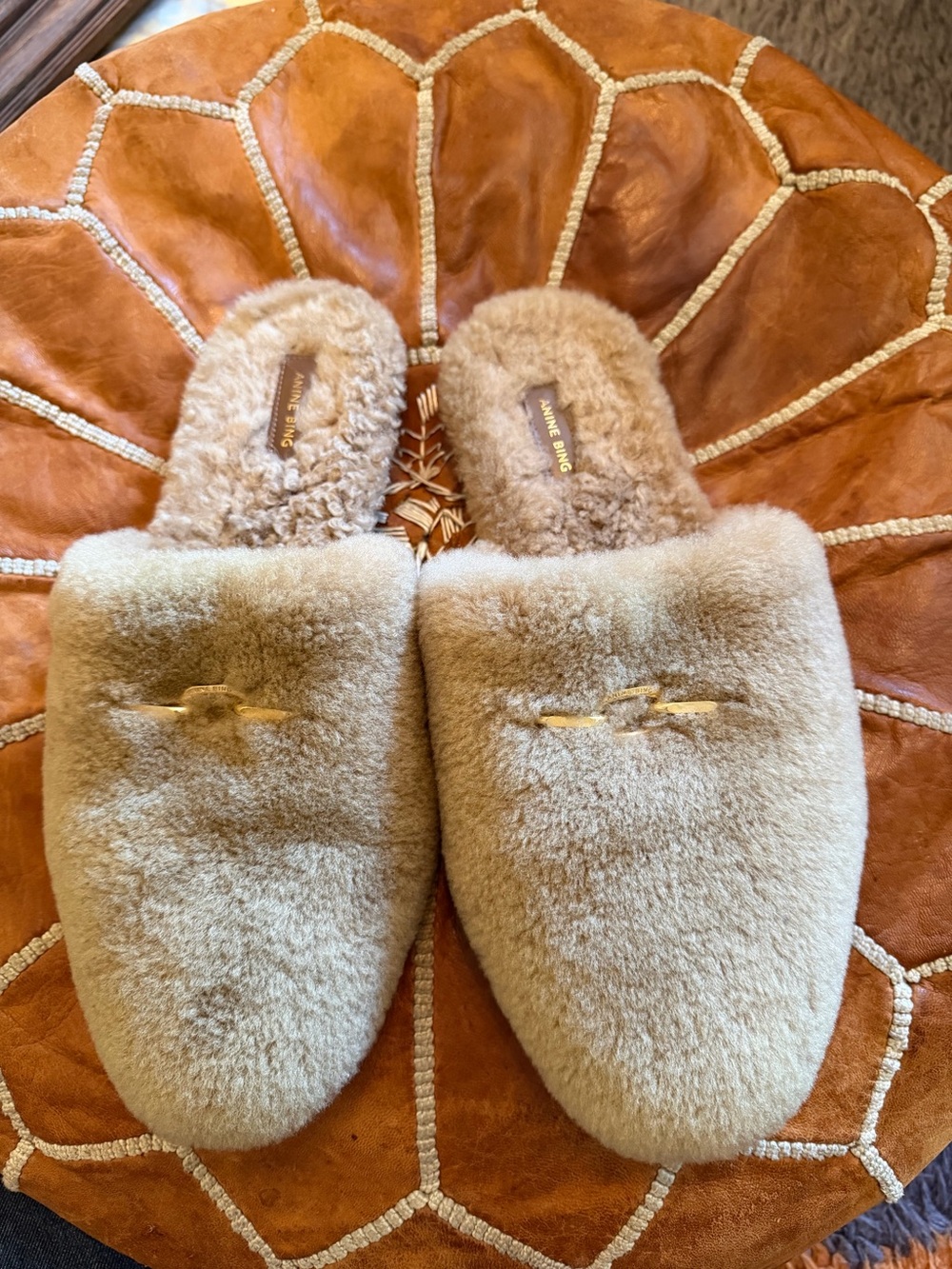 Anine Bing Cream Faux Shearling Slide Slippers
